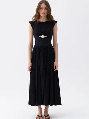 Sculpted Black Midi Dress with Center Cutout
